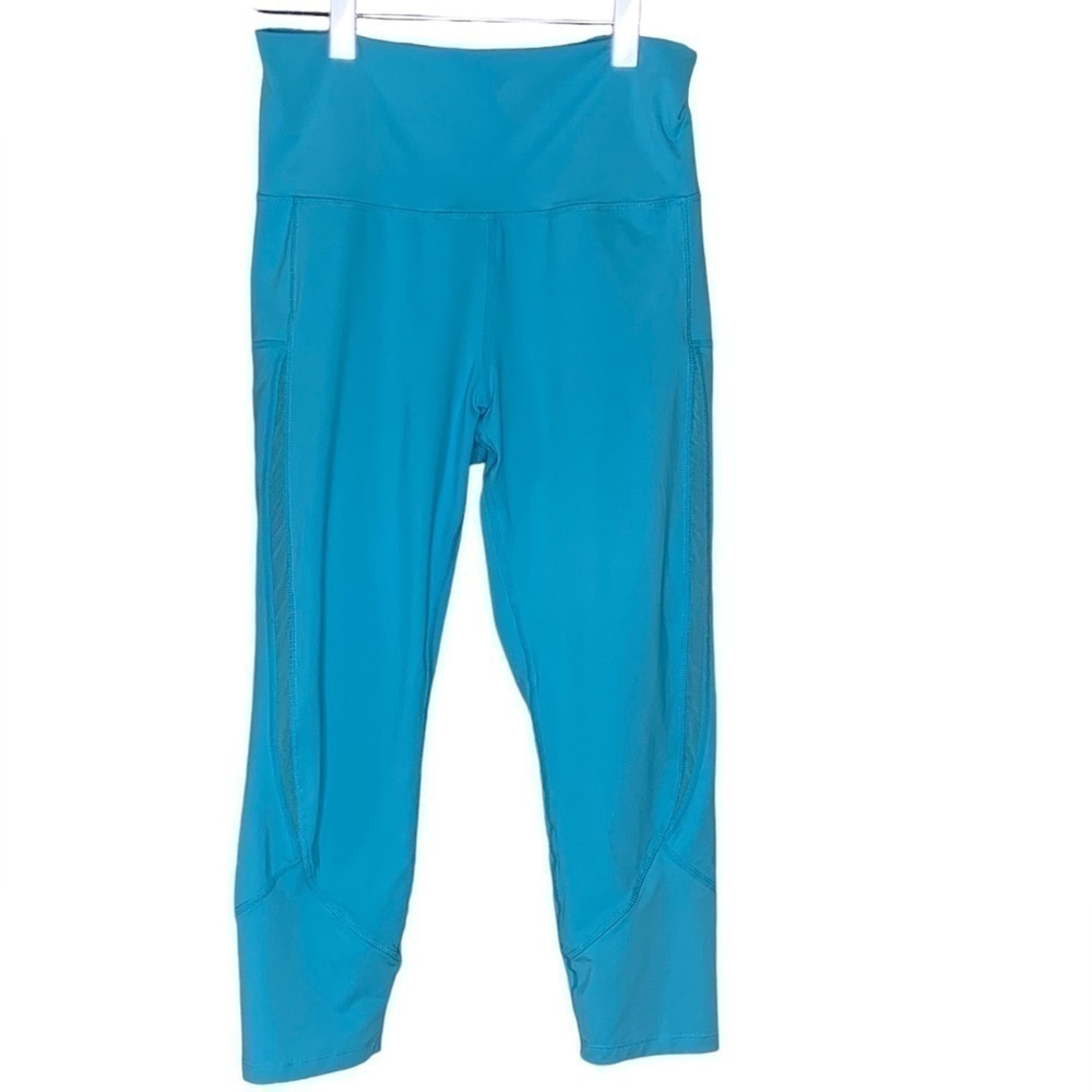 Zyia Cropped Capri Leggings Size 4 Electric Blue Mesh Side Legs High Rise Waist
